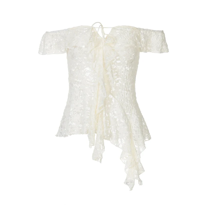 Off shoulder self tie irregular solid top