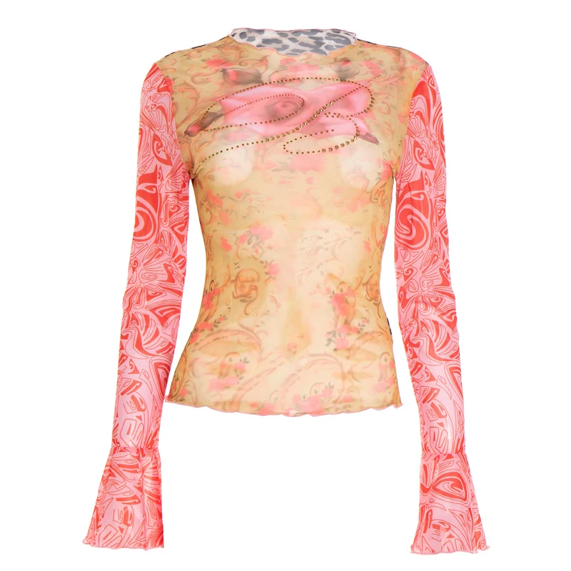 Sheer mesh long sleeve print beaded top
