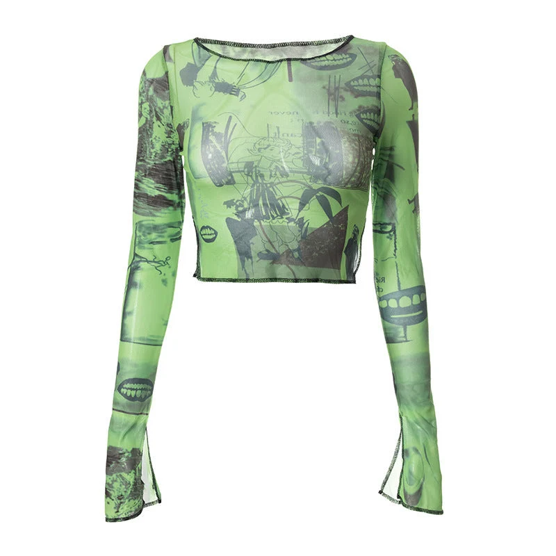 Cut out long sleeve slit print crop top