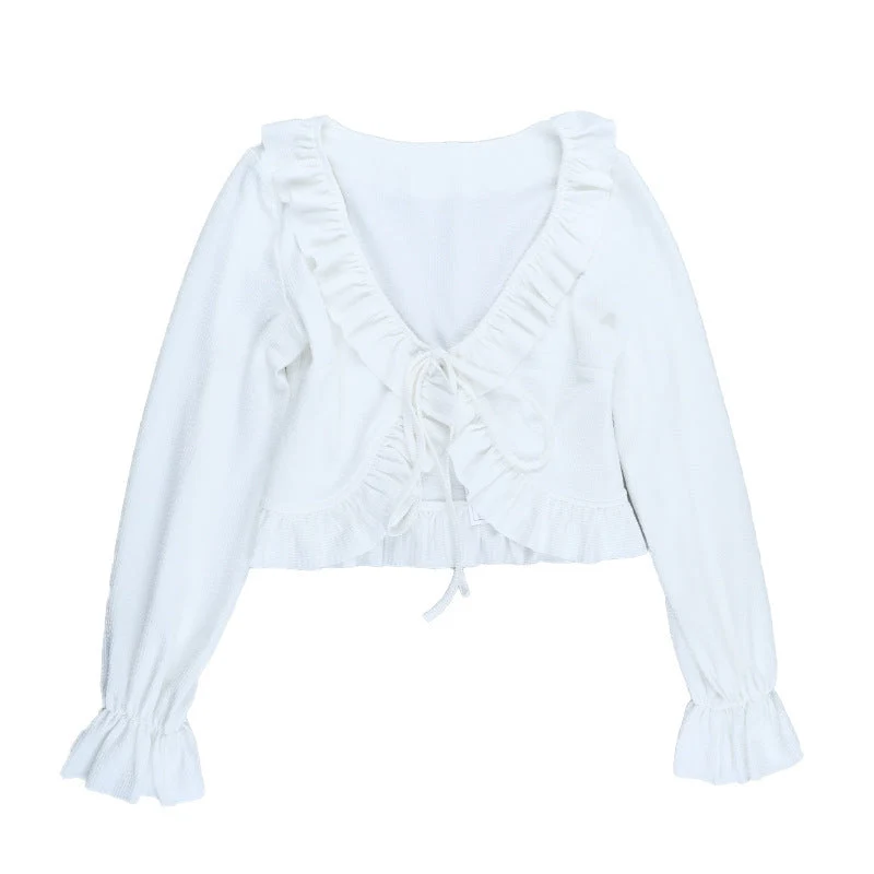 Ruched long flared sleeve v neck ruffle top