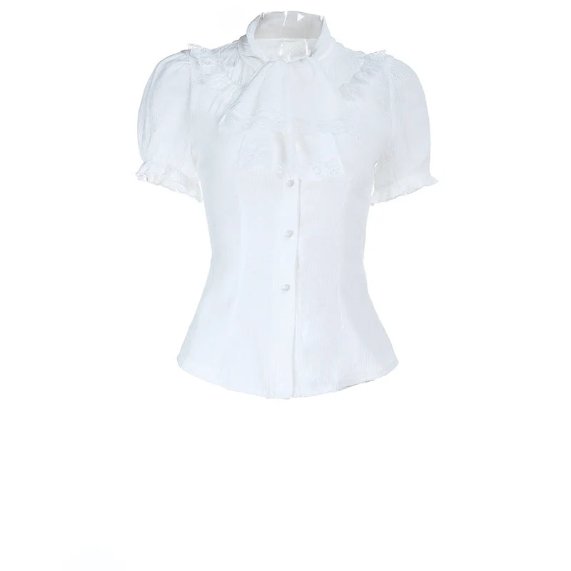 Puff sleeve lace hem button top