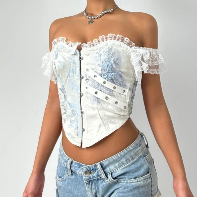 Off shoulder sweetheart neck smocked flower pattern top
