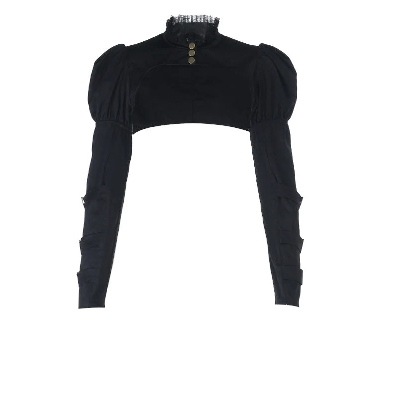 Lace hem long puff sleeve button shrug top