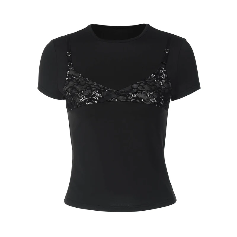 Lace short sleeve crewneck patchwork top