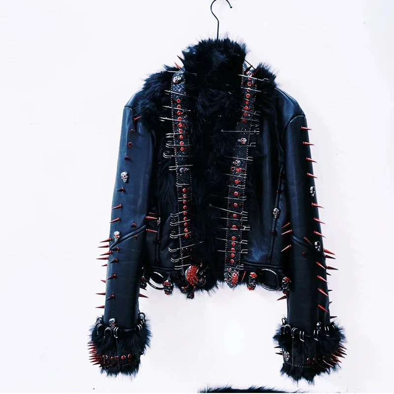 Leather long sleeve rivet fluffy coat top