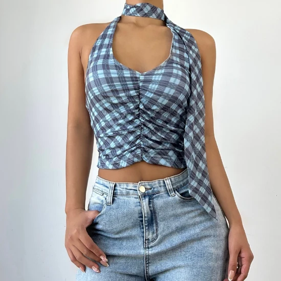 Backless halter plaid ruched u neck top