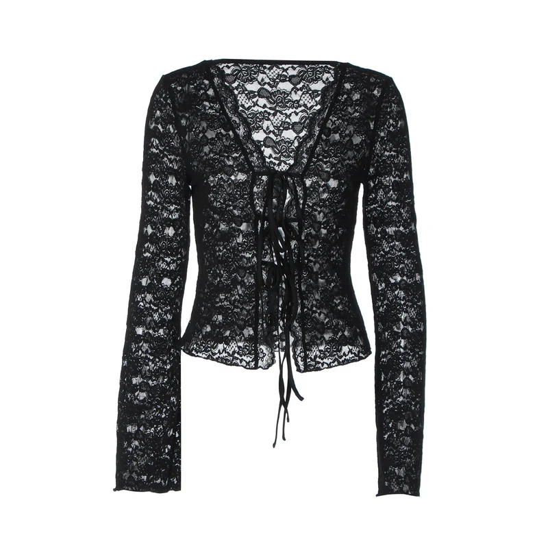 Lace v neck long sleeve see through self tie top