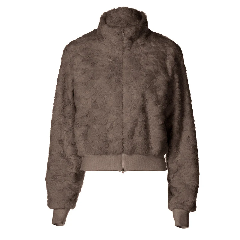 Fluffy long sleeve zip-up high neck top