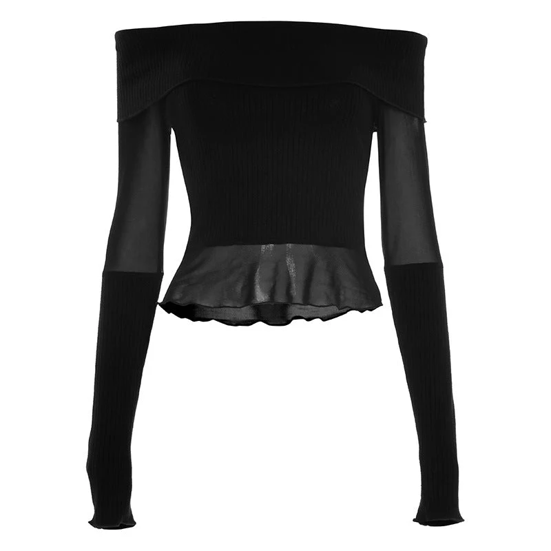 Mesh long sleeve off shoulder ruffle patchwork top