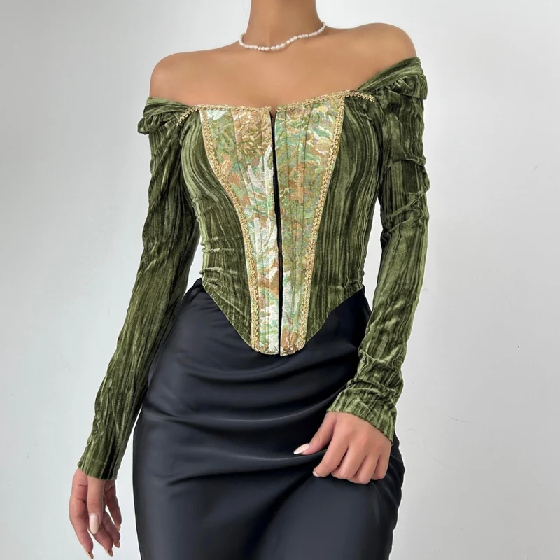 Long sleeve velvet button corset top