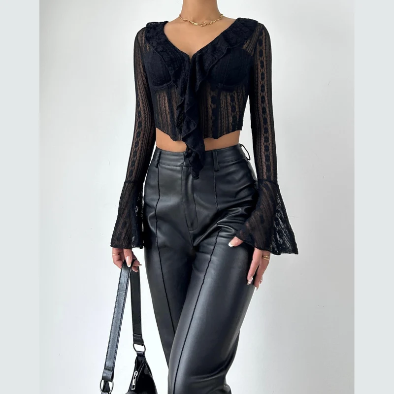 Long flared sleeve ruffle v neck button top
