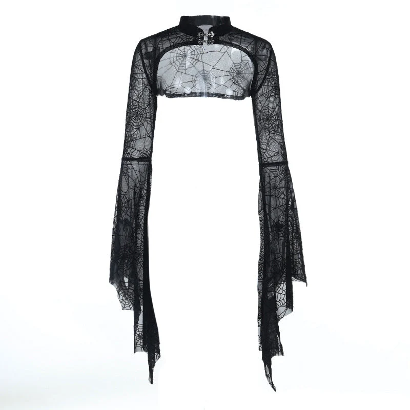 Mesh long flared sleeve button top