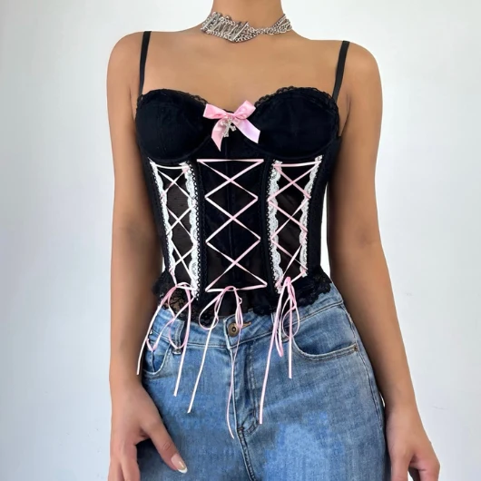 Corset lace hem bowknot button cami top-final-sale