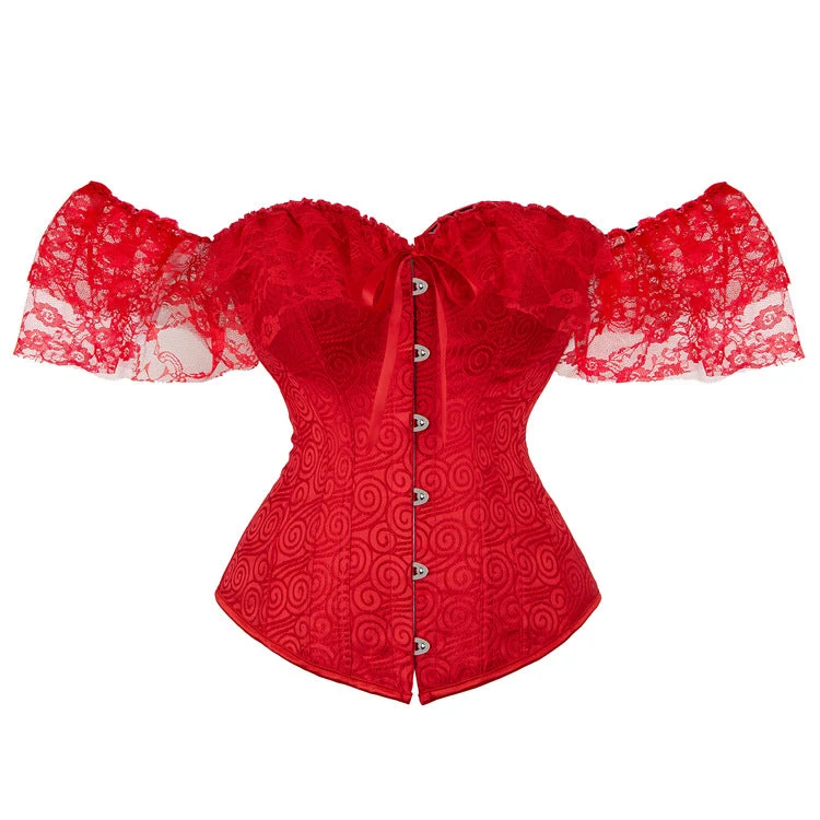 Off shoulder lace hem corset button top