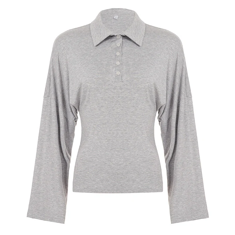 Long sleeve turnover collar button solid top