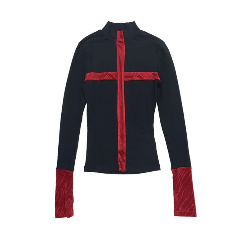 High neck cross pattern long sleeve top