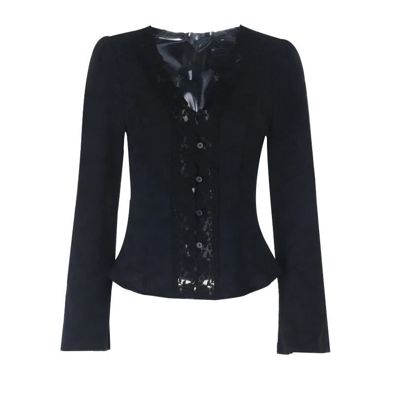 V neck button long sleeve lace hem top