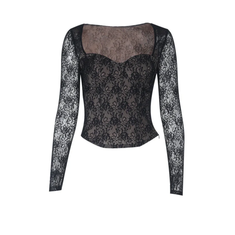 Lace long sleeve corset zip-up top
