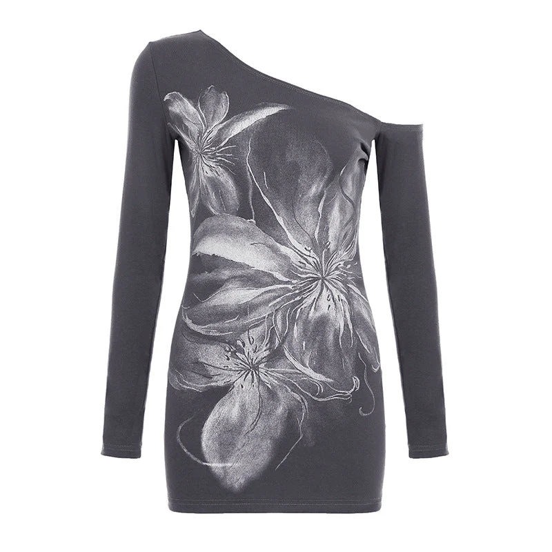 One shoulder long irregular sleeve flower print top