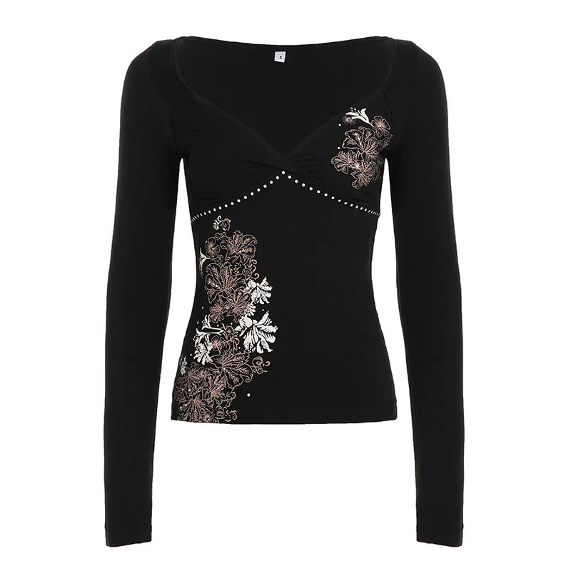 Long sleeve v neck flower pattern top
