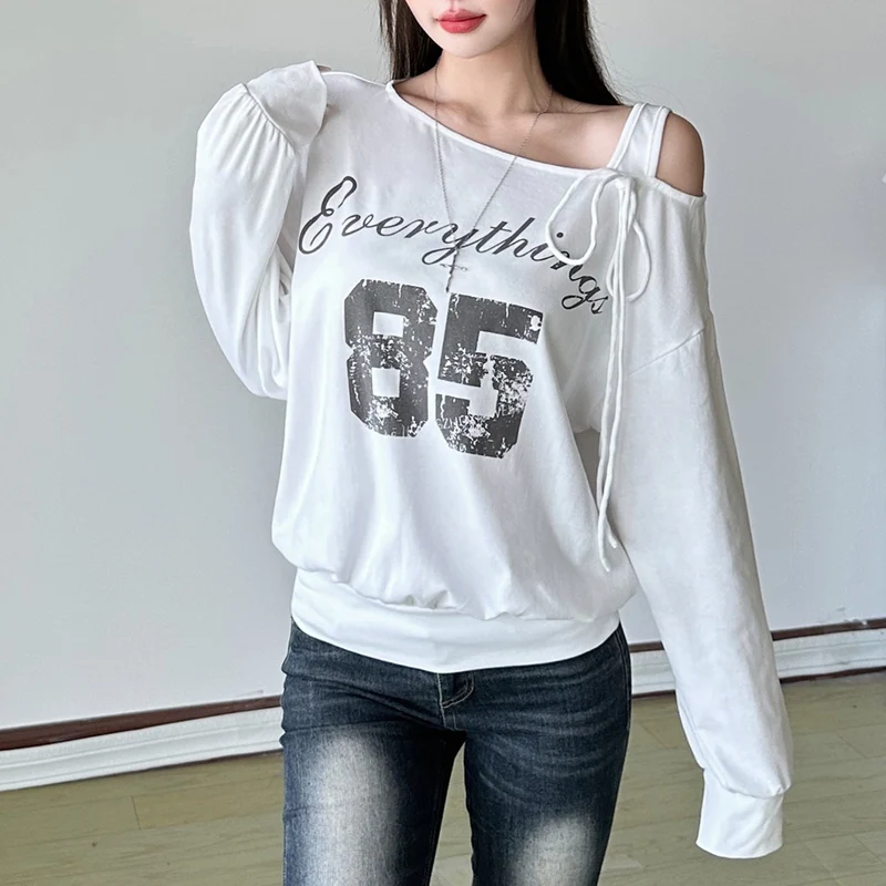 Irregular long sleeve letter pattern self tie top