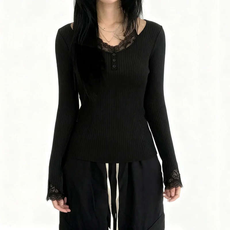 Long sleeve lace hem v neck solid top