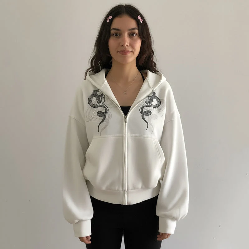 Hoodie long sleeve zip-up snake pattern top