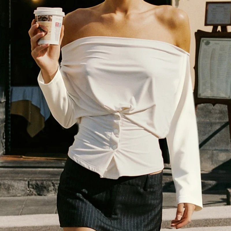 Ruched off shoulder long sleeve button top