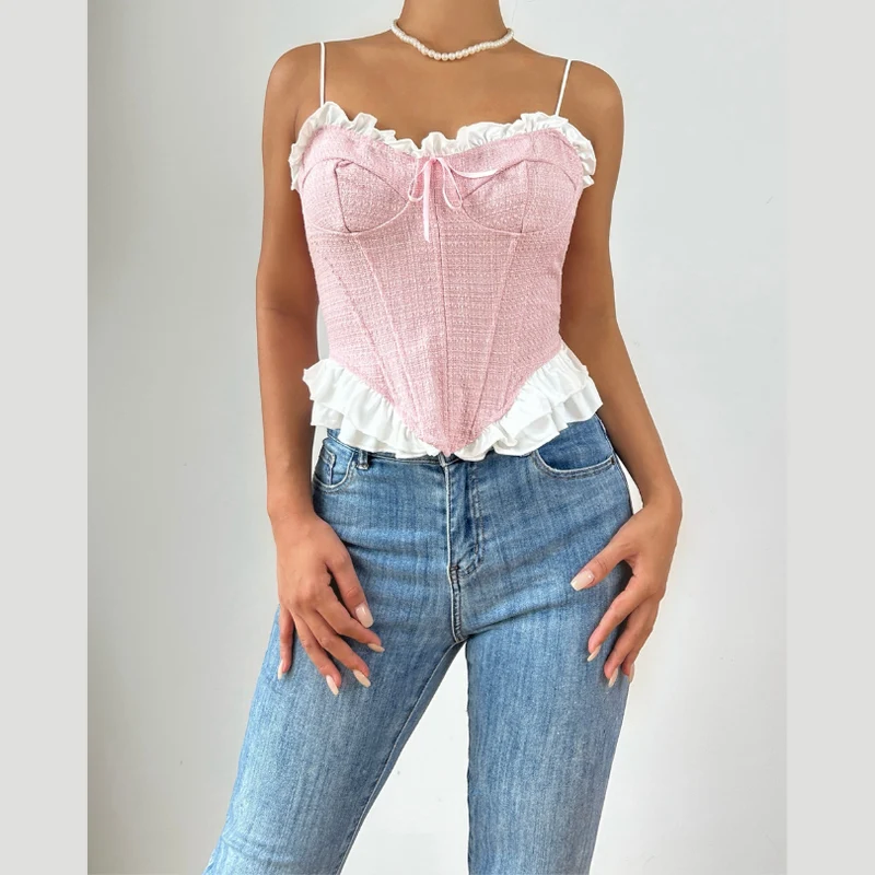 Lace corset bowknot lace up cami top