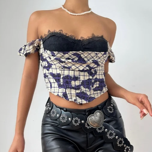 Off shoulder plaid print lace hem top