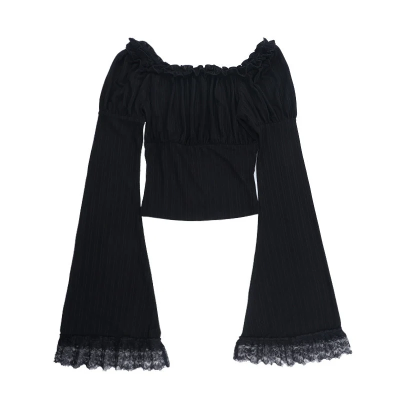Long flared sleeve ruffle lace hem top