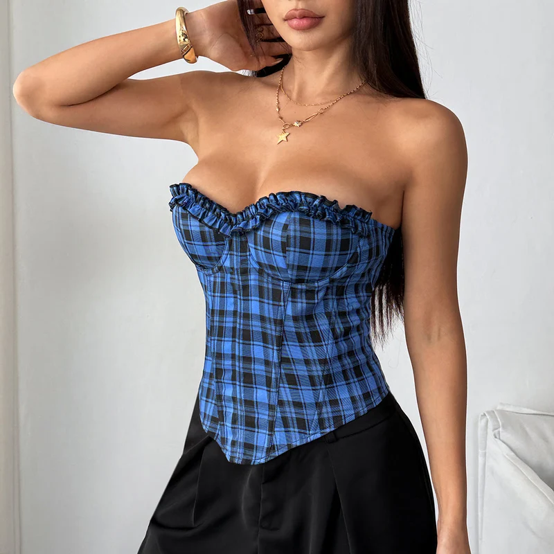 Plaid sweetheart neck lace up ruffle corset top