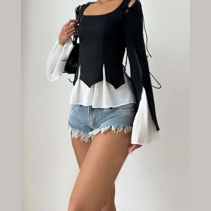 Long sleeve self tie ruffle top