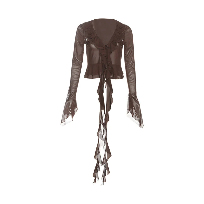Mesh long flared sleeve ruffle top