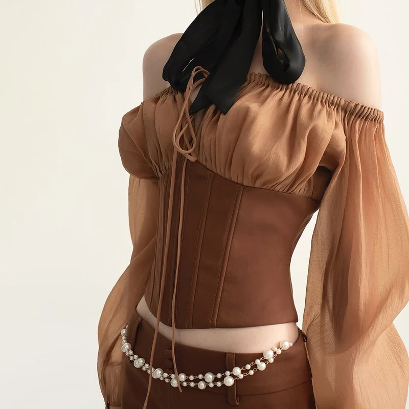 Puff sleeve off shoulder corset self tie top