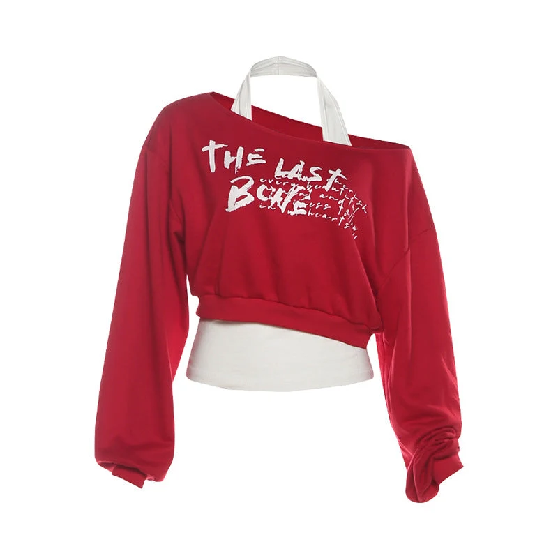 Halter long sleeve letter print top