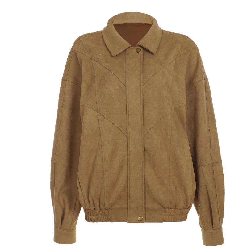 Turnover collar long sleeve zip-up coat top