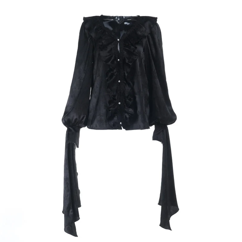 Long sleeve v neck ruffle button top