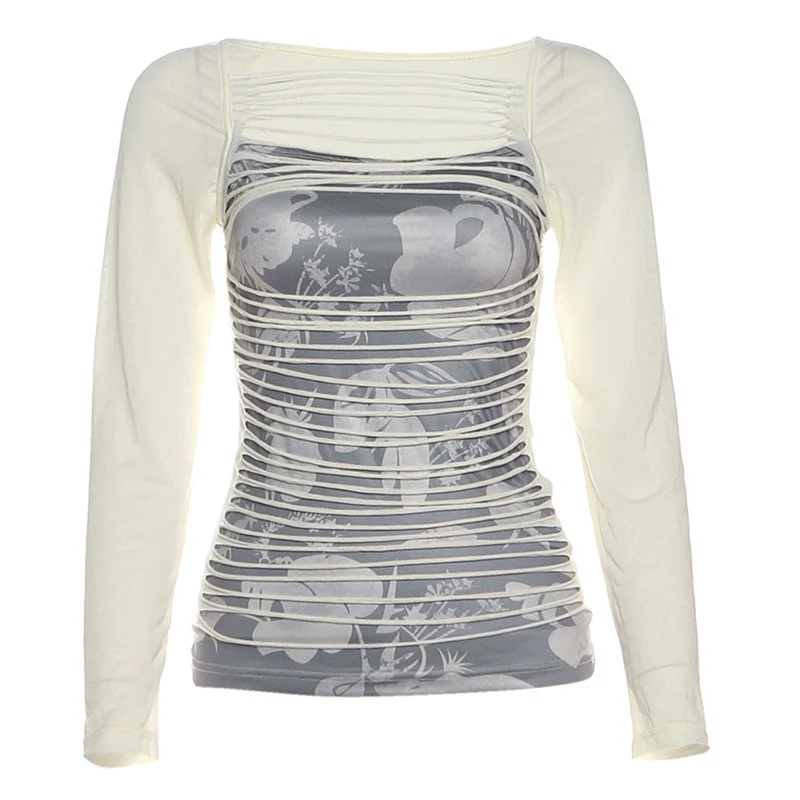 Cut out long sleeve print contrast top