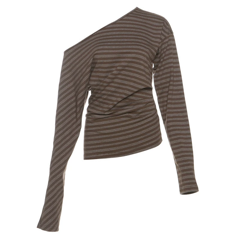 Ruched long sleeve striped one shoulder top