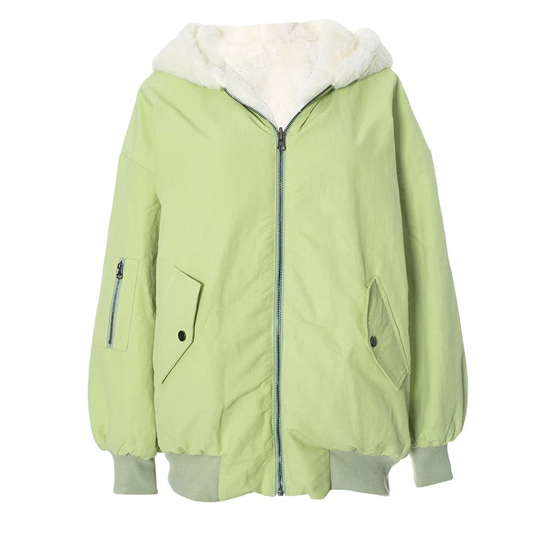 Long sleeve hoodie fluffy 2-way pocket zip-up coat top