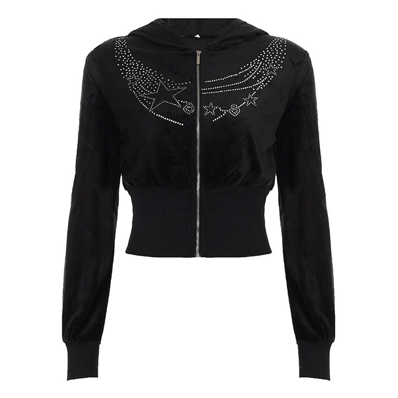 Hoodie long sleeve zip-up velvet beaded top