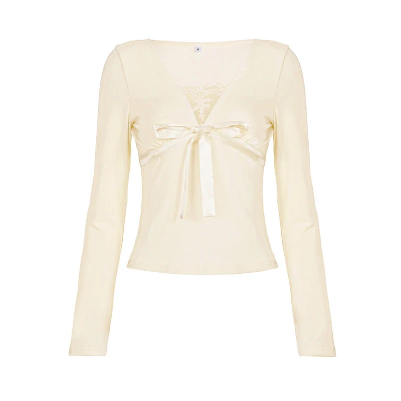 Bowknot long sleeve v neck lace top