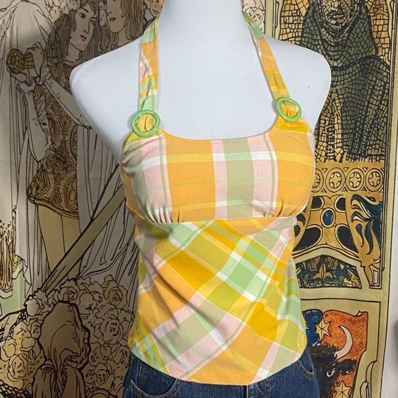 Halter self tie u neck plaid backless top