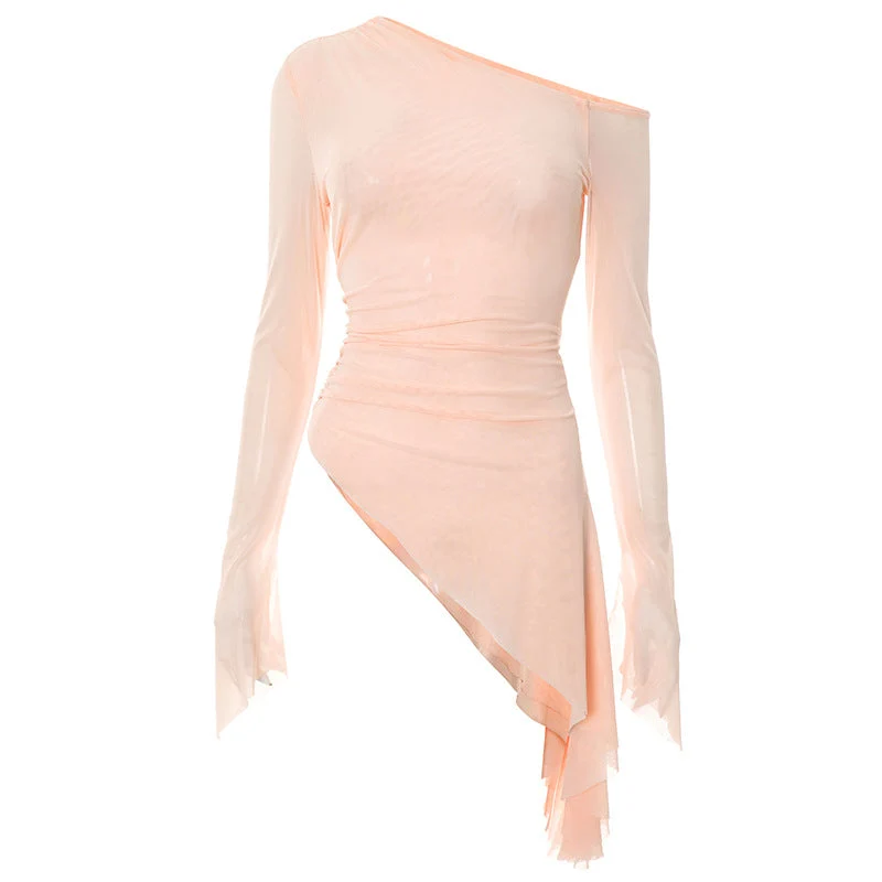 One shoulder long sleeve mesh irregular top