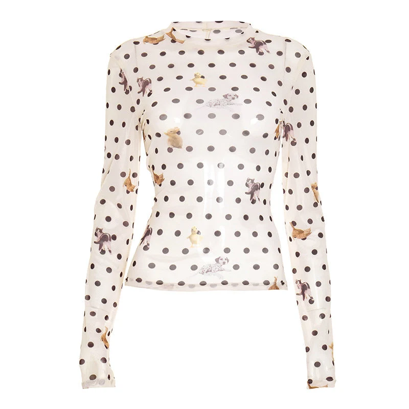 Mesh long sleeve polka dot top