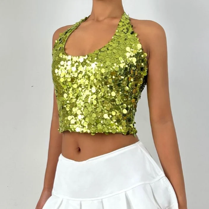 Halter glitter backless self tie top