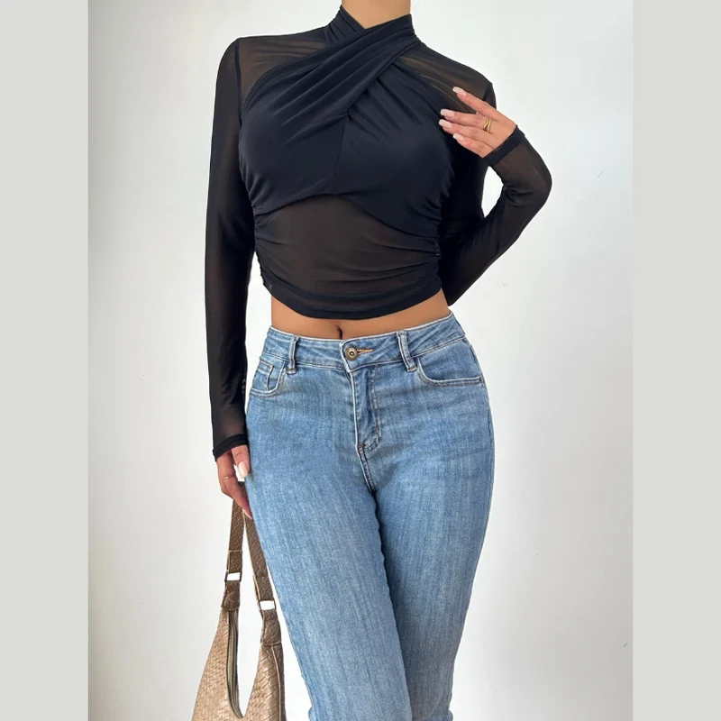 Long sleeve high neck mesh front cross top