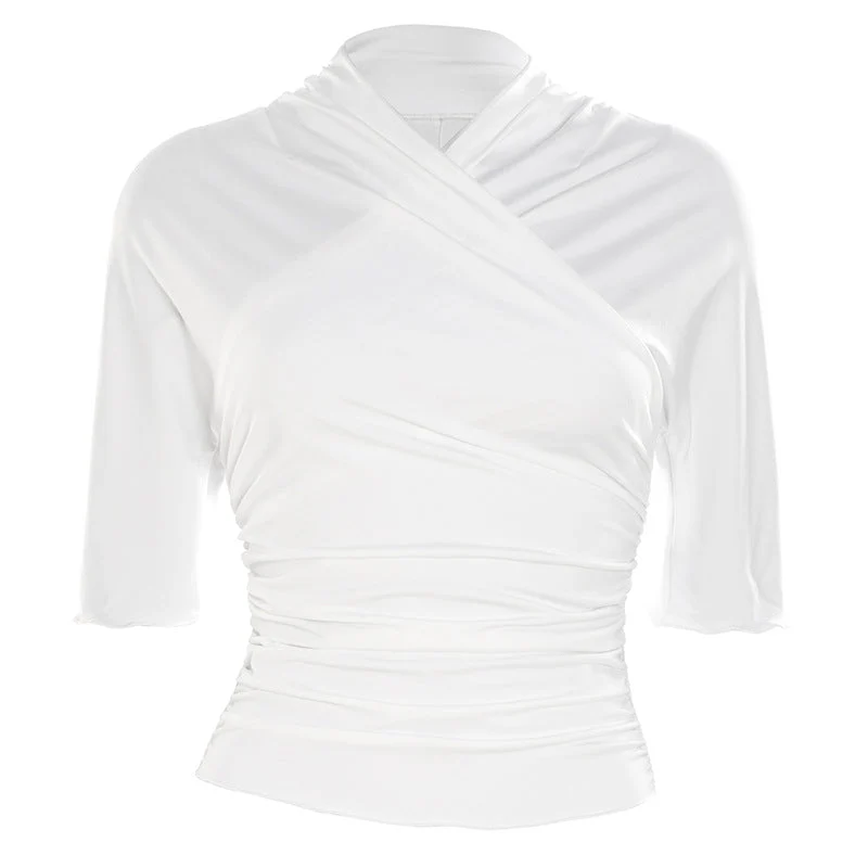 Ruched short sleeve cross front top
