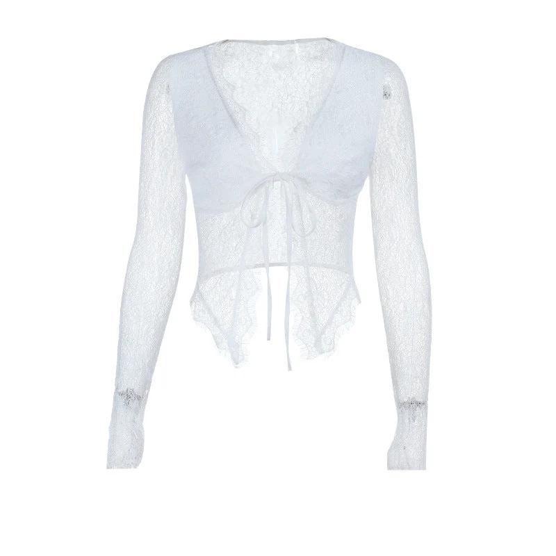 Lace long sleeve v neck self tie crop top